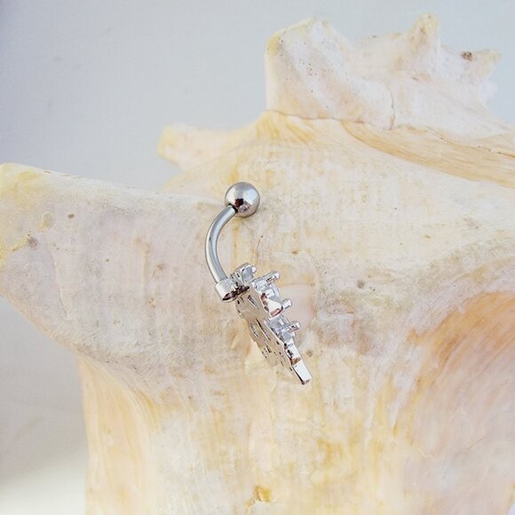 Leaf shaped clear cubic zirconia 14G belly button ring with gem ball - Picture 5 of 6